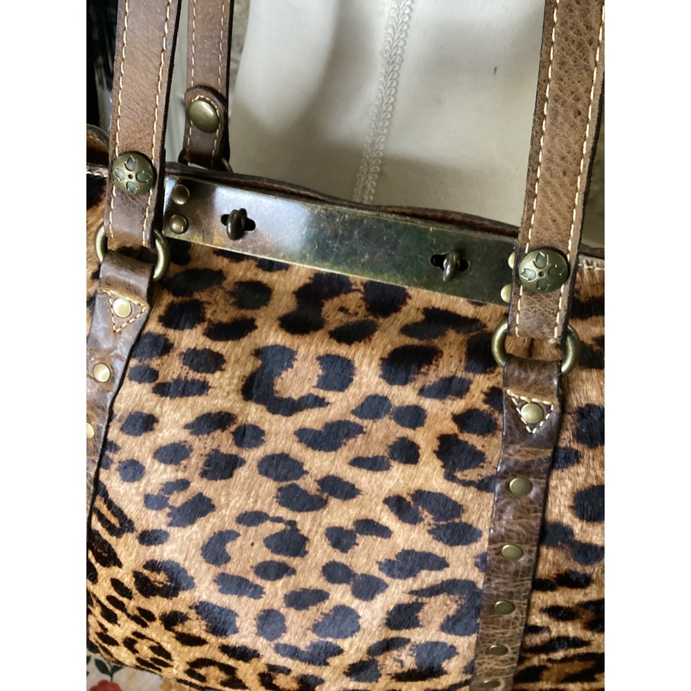 Patricia Nash Leopard Calf Hair Distressed Leather Tote Bag Brown Large Studded - Picture 4 of 10